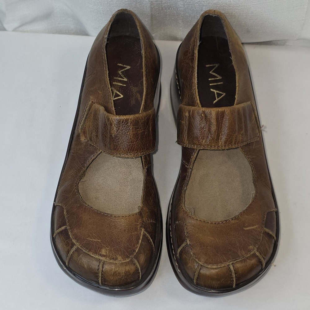 Mia Chunky Mary Janes Brown Leather Womens Shoes Size 6.5 Medium Slip-On Casual